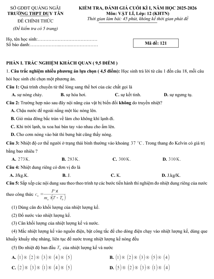 Đề thi Học kì 1 Vật lí 12 năm 2025-2026 trường THPT Duy Tân (Quảng Ngãi)