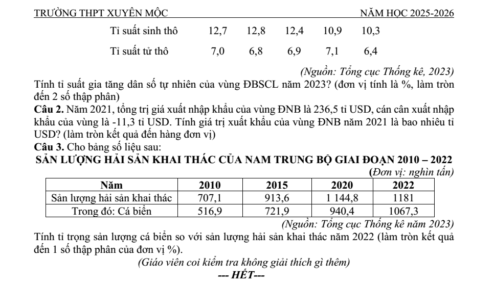 Đề thi Học kì 2 Địa Lí 12 năm 2025-2026 trường THPT Xuyên Mộc (TP. HCM)
