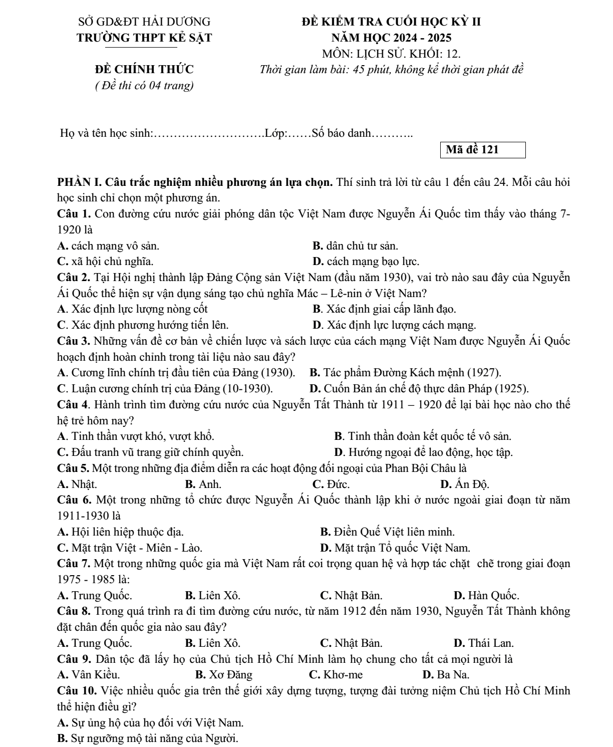 Đề thi Học kì 2 Lịch Sử 12 năm 2024-2025 trường THPT Kẻ Sặt (Hải Dương)