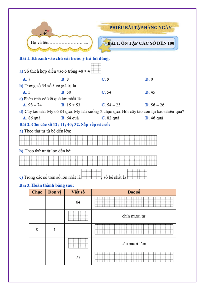 Bài tập hàng ngày Toán lớp 2 Bài 1: Ôn tập các số đến 100 | Kết nối tri thức
