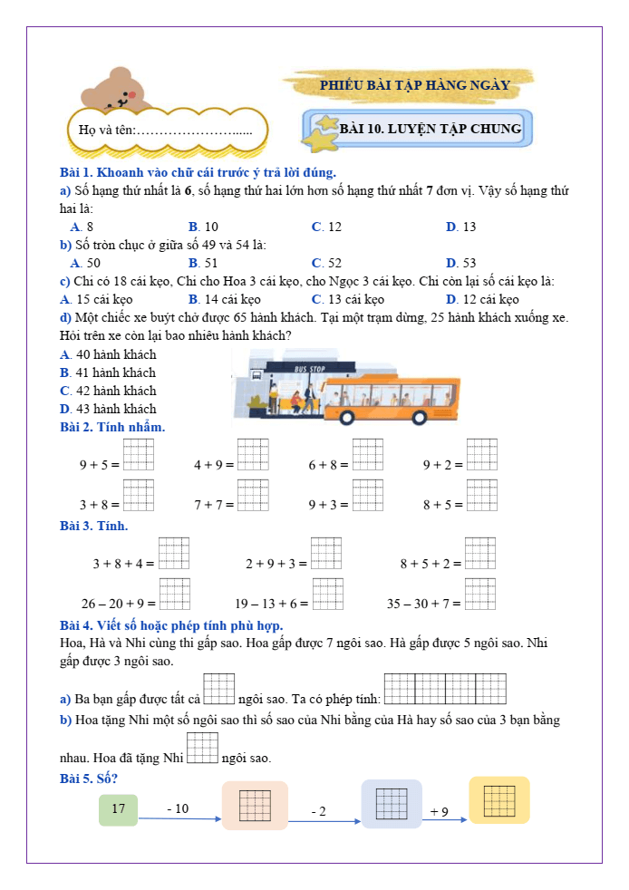 Bài tập hàng ngày Toán lớp 2 Bài 10: Luyện tập chung | Kết nối tri thức
