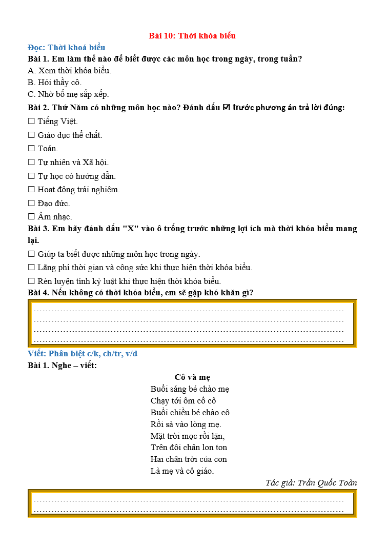 Bài tập hàng ngày Tiếng Việt lớp 2 Bài 10: Thời khóa biểu | Kết nối tri thức