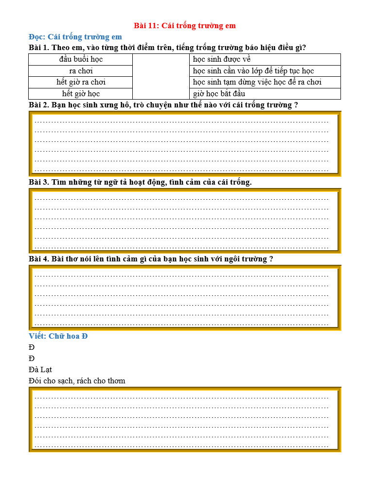 Bài tập hàng ngày Tiếng Việt lớp 2 Bài 11: Cái trống trường em | Kết nối tri thức