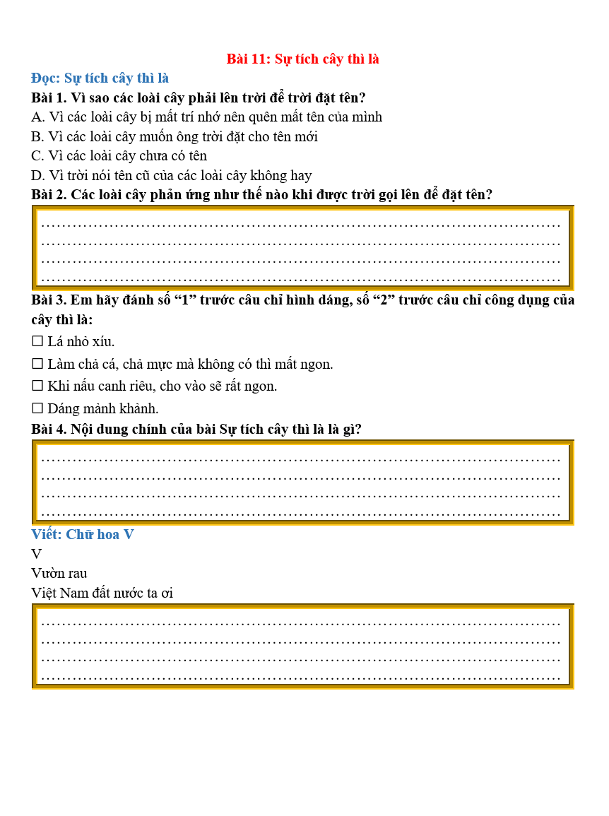 Bài tập hàng ngày Tiếng Việt lớp 2 Bài 11: Sự tích cây thì là | Kết nối tri thức