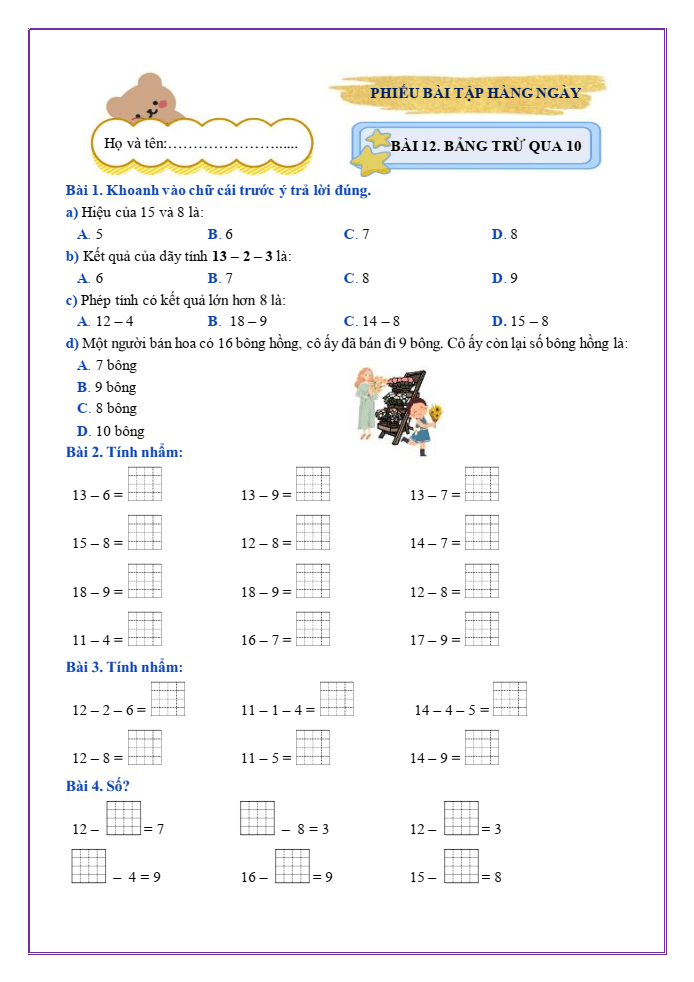 Bài tập hàng ngày Toán lớp 2 Bài 12: Bảng trừ qua 10 | Kết nối tri thức
