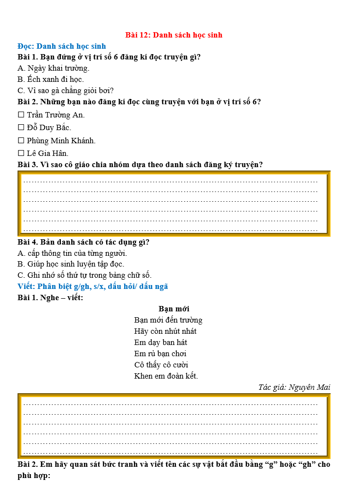 Bài tập hàng ngày Tiếng Việt lớp 2 Bài 12: Danh sách học sinh | Kết nối tri thức