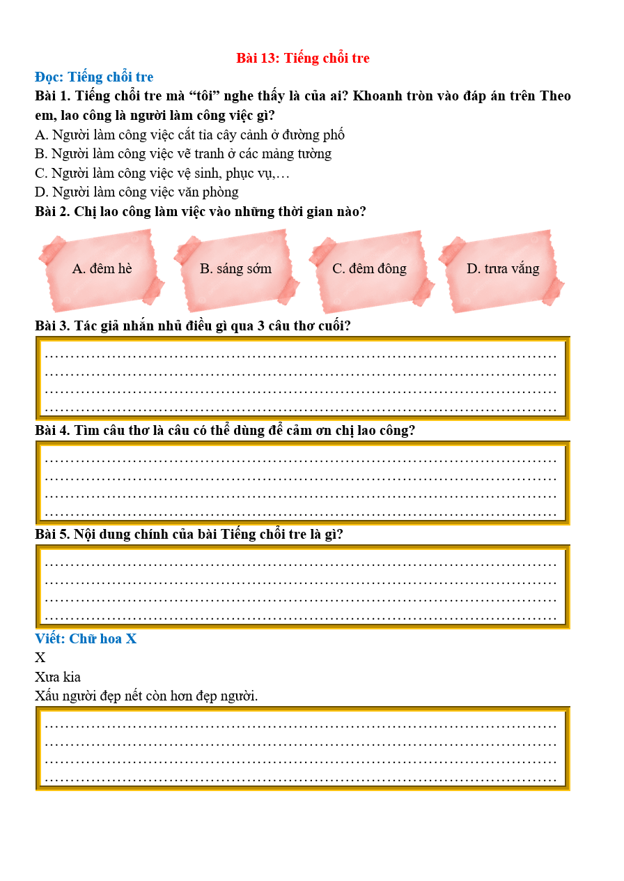 Bài tập hàng ngày Tiếng Việt lớp 2 Bài 13: Tiếng chổi tre | Kết nối tri thức