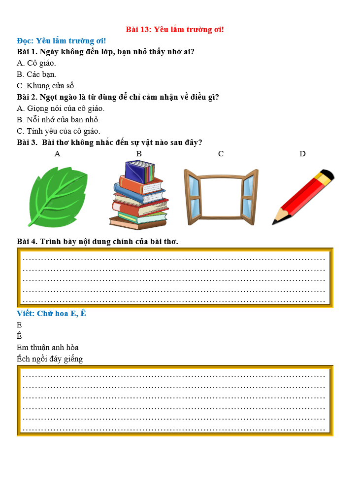 Bài tập hàng ngày Tiếng Việt lớp 2 Bài 13: Yêu lắm trường ơi! | Kết nối tri thức