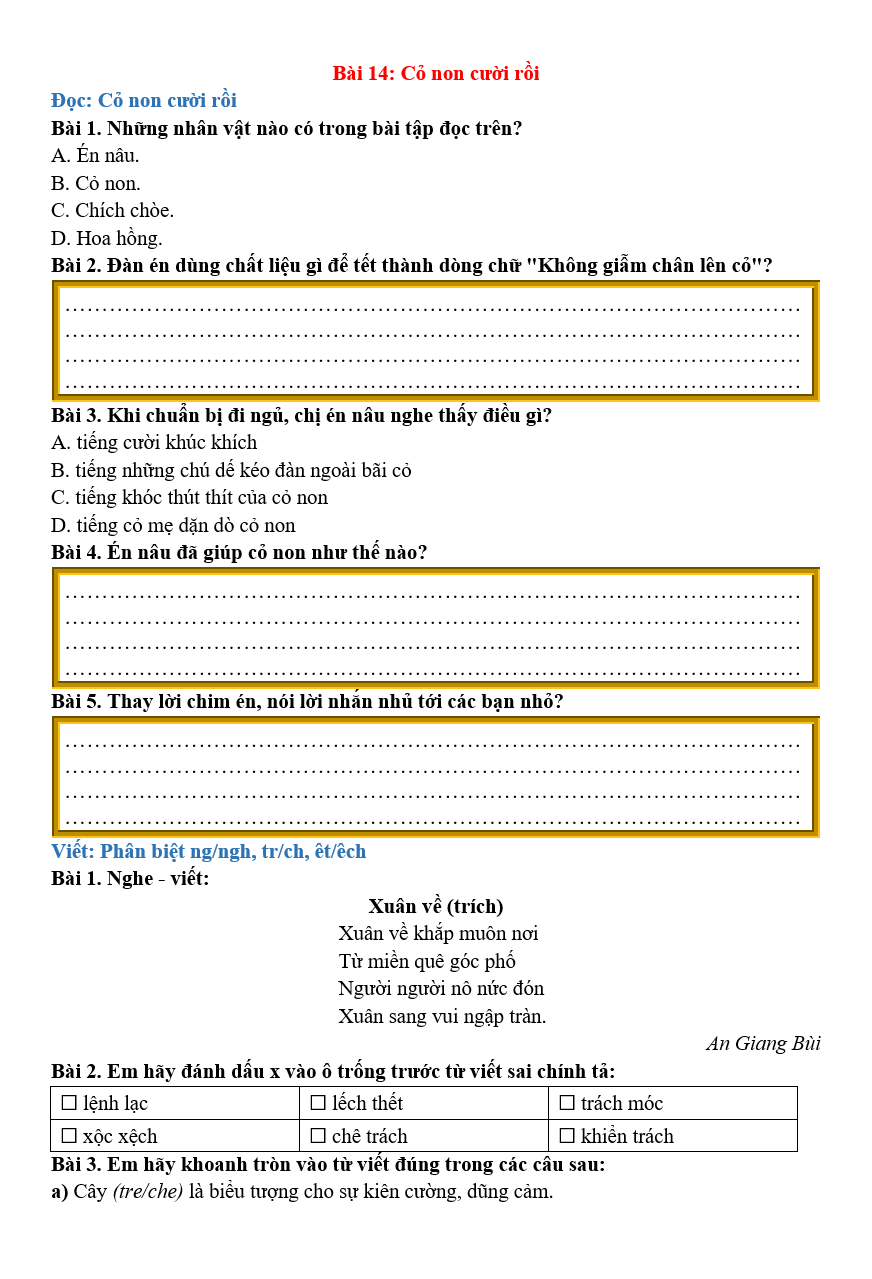 Bài tập hàng ngày Tiếng Việt lớp 2 Bài 14: Cỏ non cười rồi | Kết nối tri thức