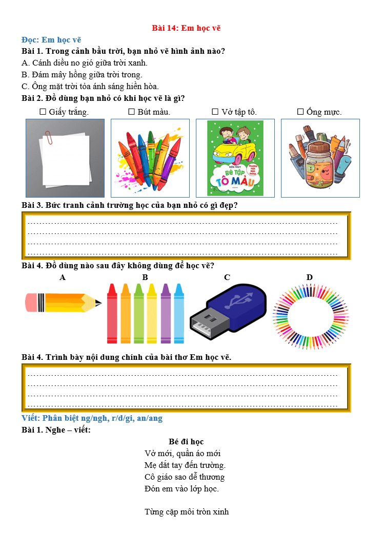 Bài tập hàng ngày Tiếng Việt lớp 2 Bài 14: Em học vẽ | Kết nối tri thức