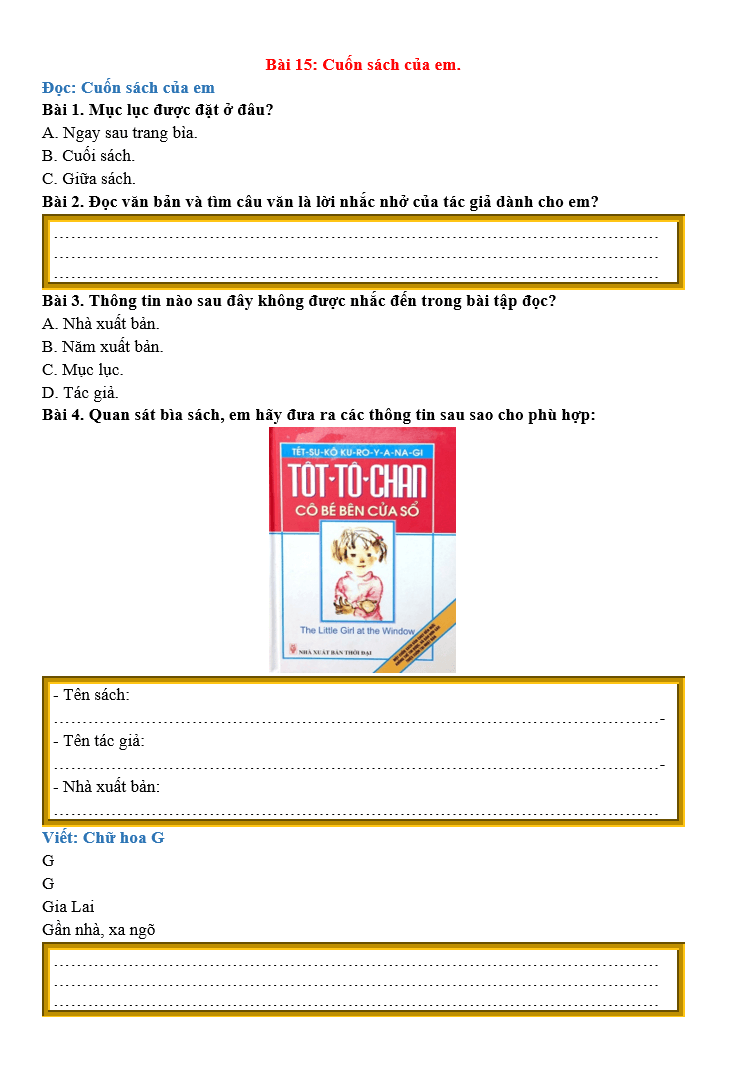 Bài tập hàng ngày Tiếng Việt lớp 2 Bài 15: Cuốn sách của em | Kết nối tri thức