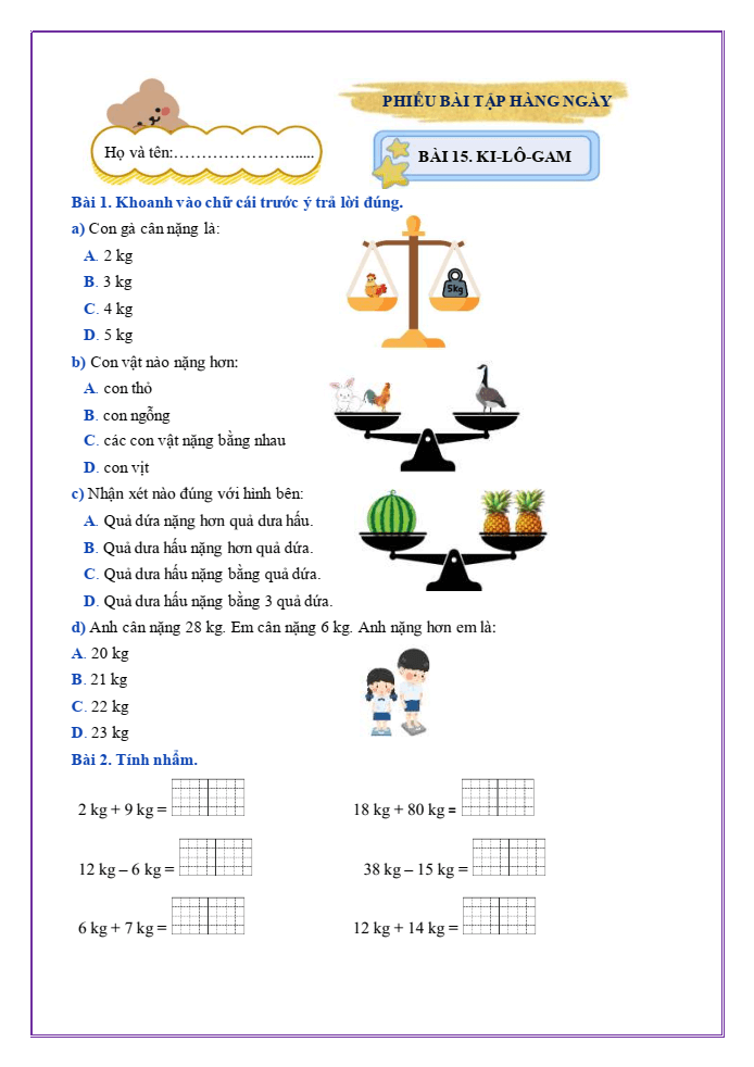 Bài tập hàng ngày Toán lớp 2 Bài 15: Ki-lô-gam | Kết nối tri thức