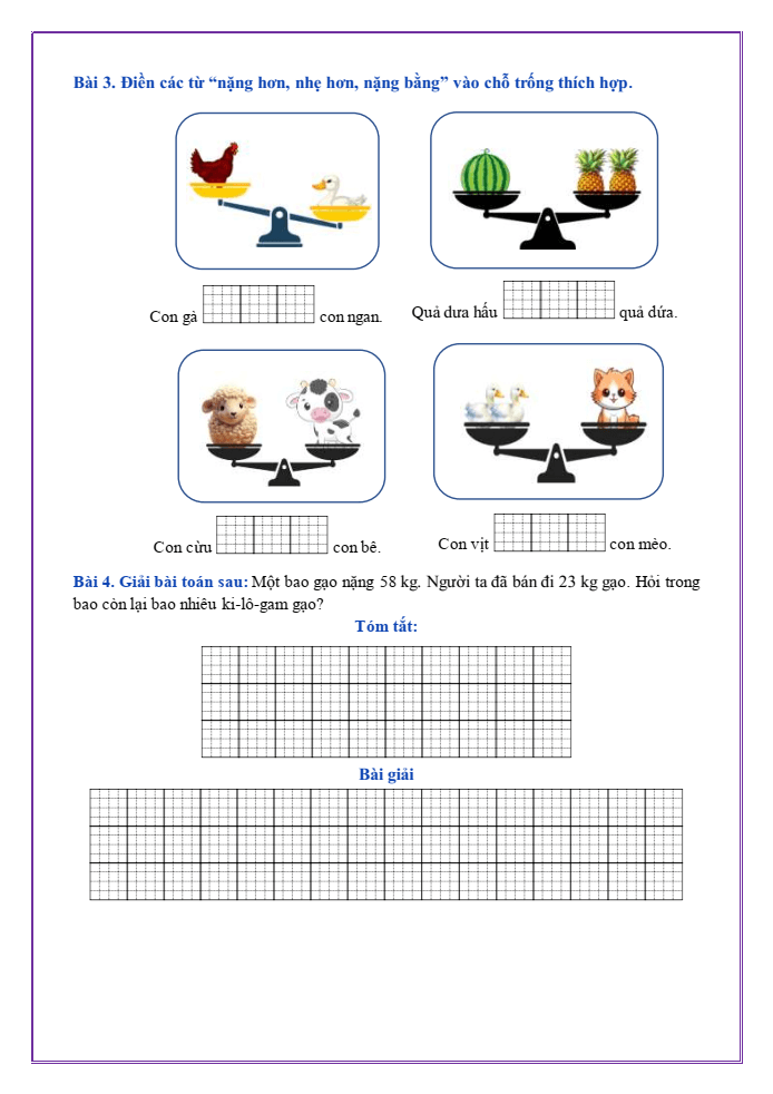 Bài tập hàng ngày Toán lớp 2 Bài 15: Ki-lô-gam | Kết nối tri thức