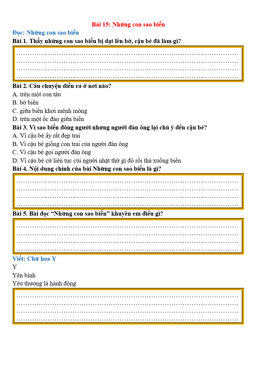 Bài tập hàng ngày Tiếng Việt lớp 2 Bài 15: Những con sao biển | Kết nối tri thức