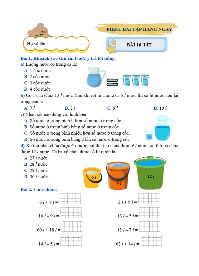 Bài tập hàng ngày Toán lớp 2 Bài 16: Lít | Kết nối tri thức