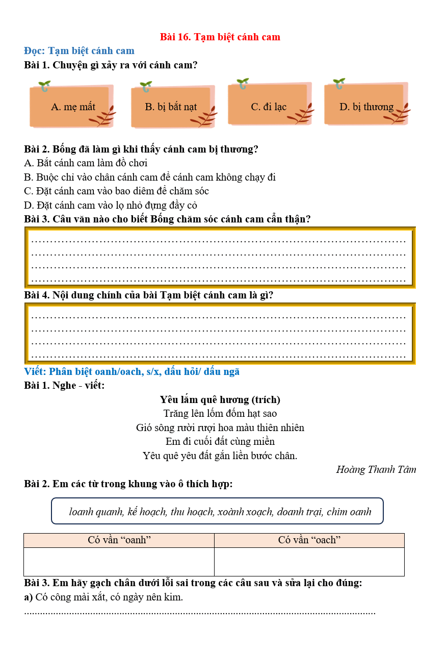 Bài tập hàng ngày Tiếng Việt lớp 2 Bài 16: Tạm biệt cánh cam | Kết nối tri thức