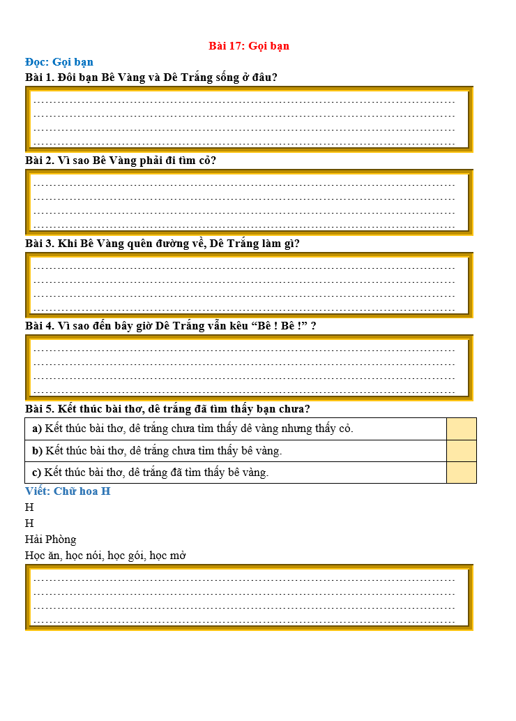Bài tập hàng ngày Tiếng Việt lớp 2 Bài 17: Gọi bạn | Kết nối tri thức