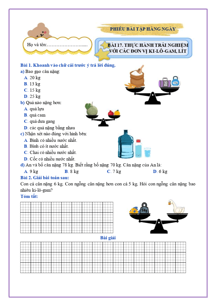 Bài tập hàng ngày Toán lớp 2 Bài 17: Thực hành và trải nhiệm với các đơn vị Ki-lô-gam, Lít | Kết nối tri thức