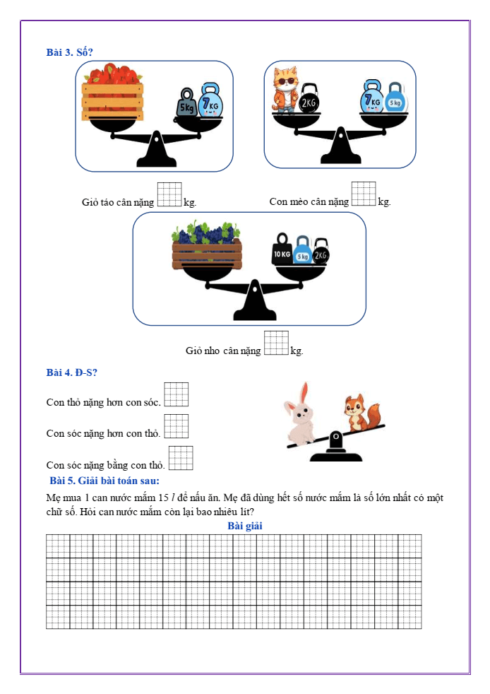 Bài tập hàng ngày Toán lớp 2 Bài 17: Thực hành và trải nhiệm với các đơn vị Ki-lô-gam, Lít | Kết nối tri thức