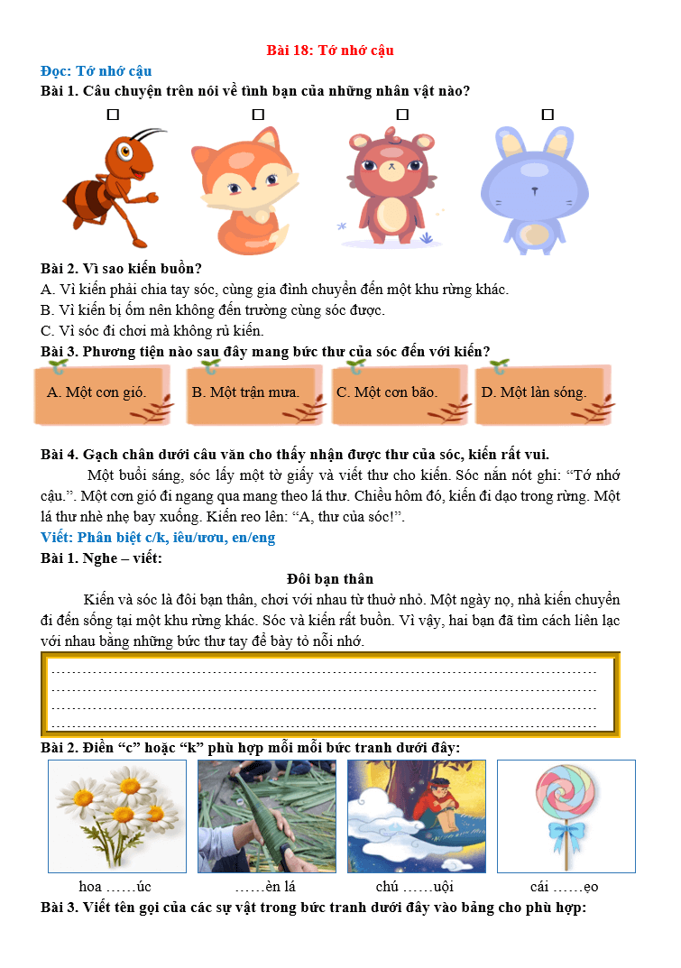 Bài tập hàng ngày Tiếng Việt lớp 2 Bài 18: Tớ nhớ cậu | Kết nối tri thức