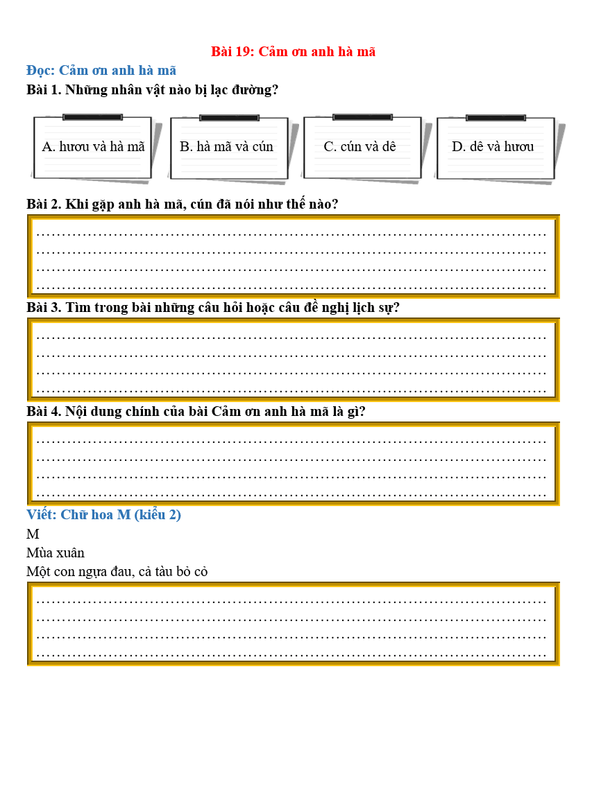 Bài tập hàng ngày Tiếng Việt lớp 2 Bài 19: Cảm ơn anh hà mã | Kết nối tri thức