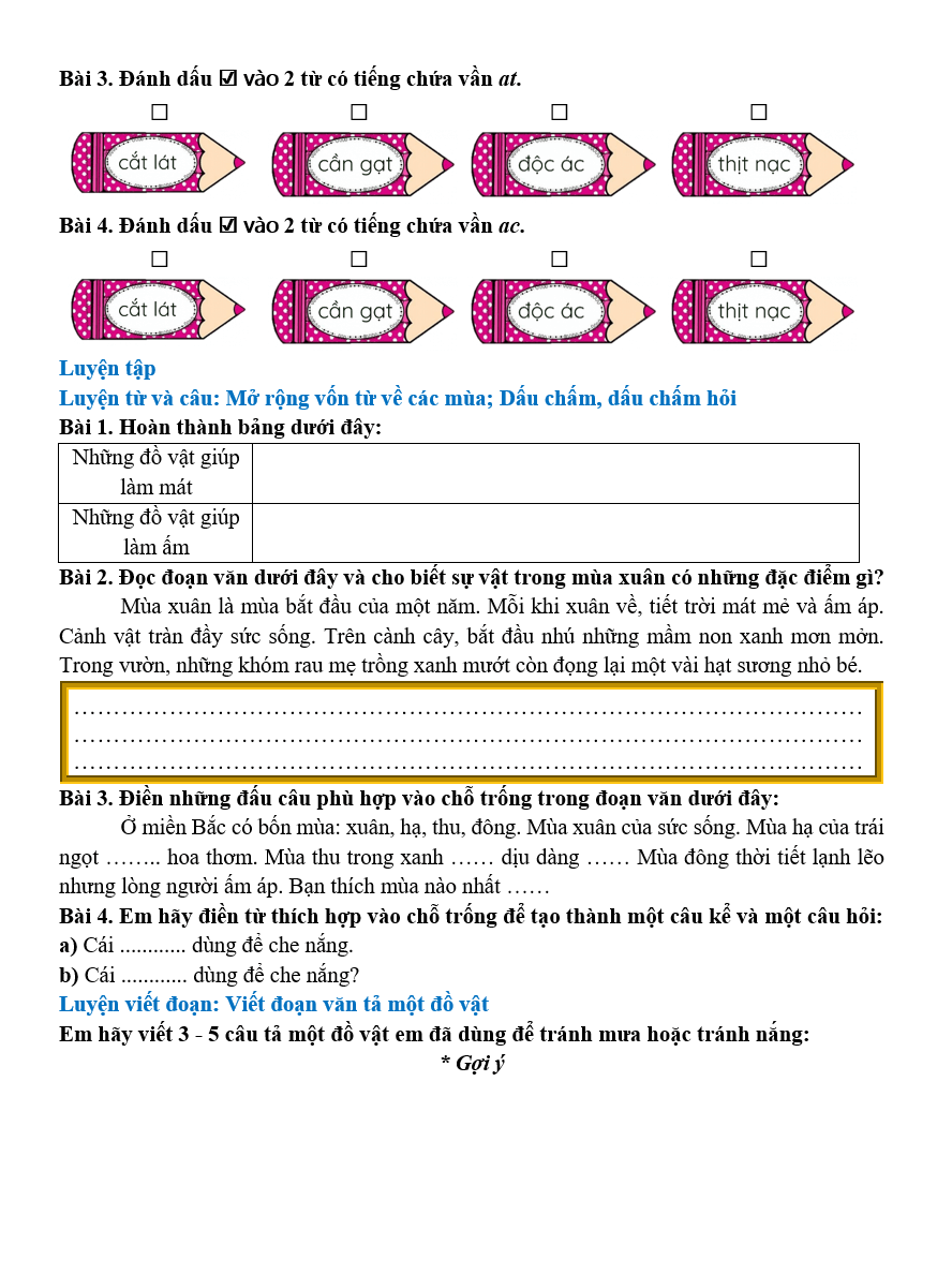 Bài tập hàng ngày Tiếng Việt lớp 2 Bài 2: Mùa nước nổi | Kết nối tri thức
