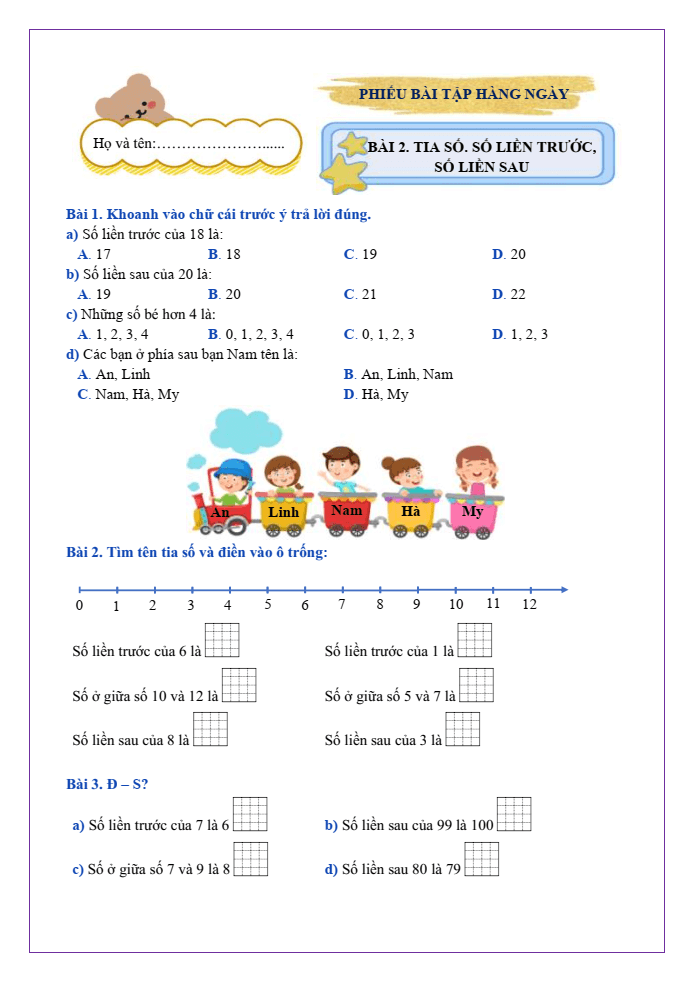 Bài tập hàng ngày Toán lớp 2 Bài 2: Tia số. Số liền trước, số liền sau | Kết nối tri thức