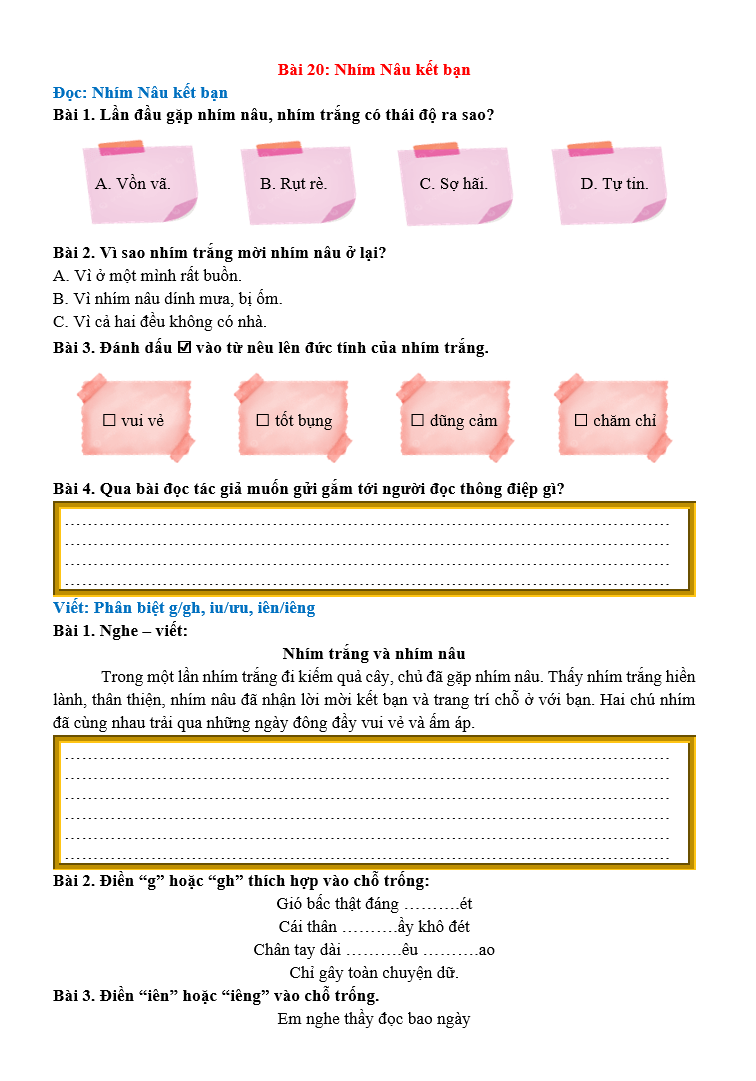 Bài tập hàng ngày Tiếng Việt lớp 2 Bài 20: Nhím nâu kết bạn | Kết nối tri thức