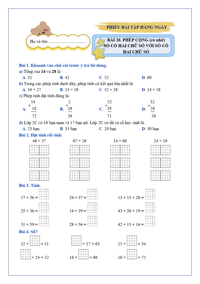 Bài tập hàng ngày Toán lớp 2 Bài 20: Phép cộng (có nhớ) số có hai chữ số với số có hai chữ số | Kết nối tri thức