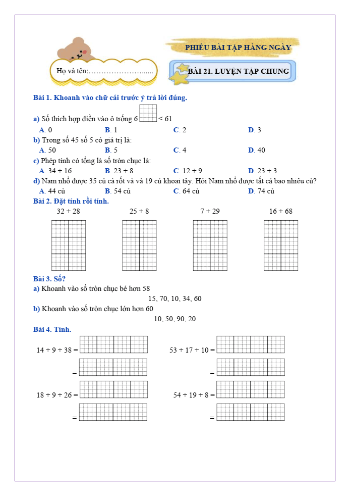 Bài tập hàng ngày Toán lớp 2 Bài 21: Luyện tập chung | Kết nối tri thức