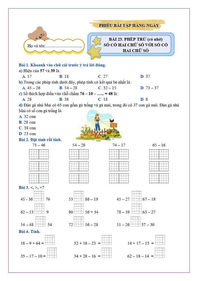 Bài tập hàng ngày Toán lớp 2 Bài 23: Phép trừ (có nhớ) số có hai chữ số cho số có hai chữ số | Kết nối tri thức