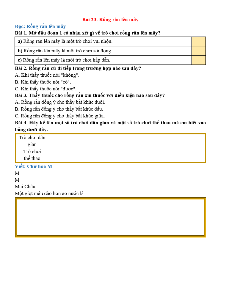 Bài tập hàng ngày Tiếng Việt lớp 2 Bài 23: Rồng rắn lên mây | Kết nối tri thức