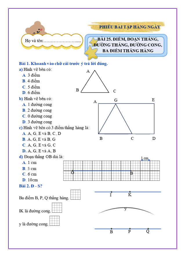 Bài tập hàng ngày Toán lớp 2 Bài 25: Điểm, đoạn thẳng, đường thẳng, đường cong, ba điểm thẳng hàng | Kết nối tri thức