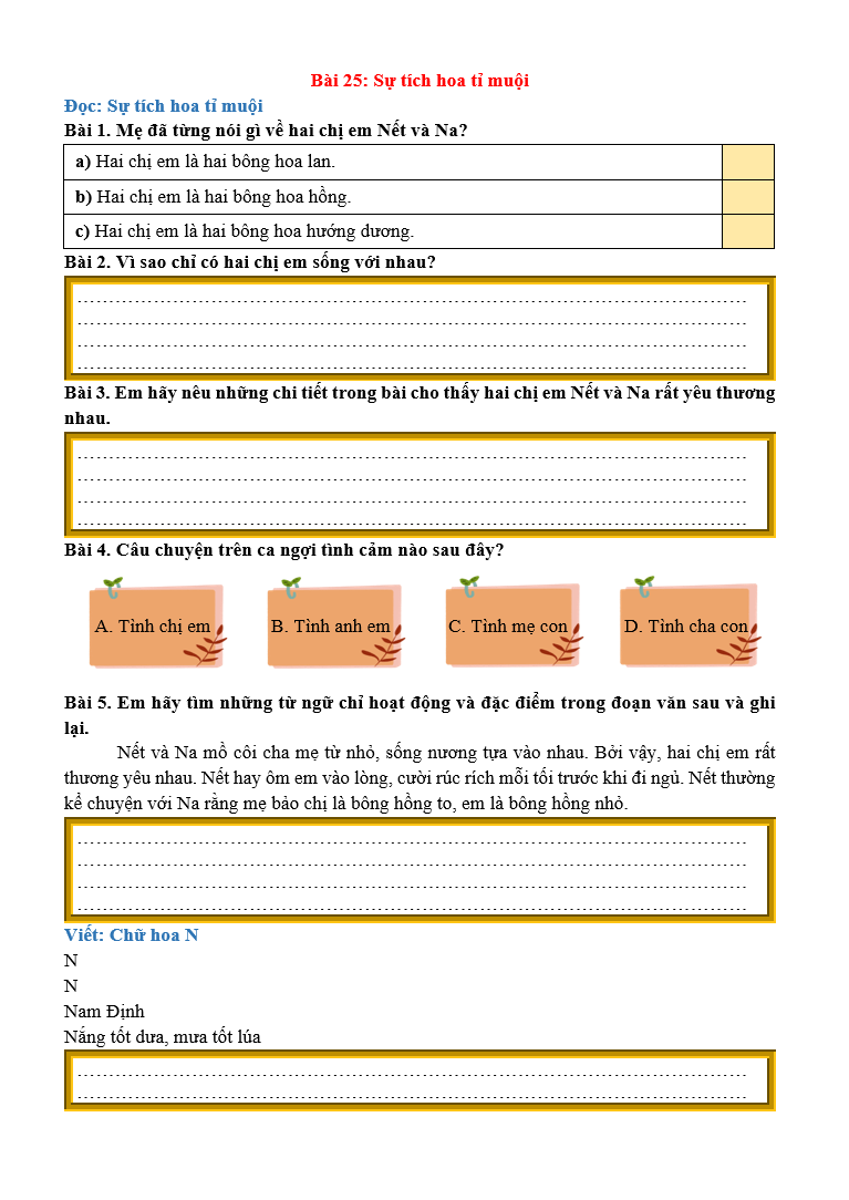 Bài tập hàng ngày Tiếng Việt lớp 2 Bài 25: Sự tích hoa tỉ muội | Kết nối tri thức