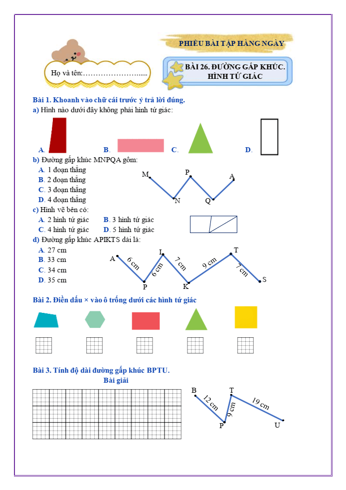 Bài tập hàng ngày Toán lớp 2 Bài 26: Đường gấp khúc. Hình tứ giác | Kết nối tri thức