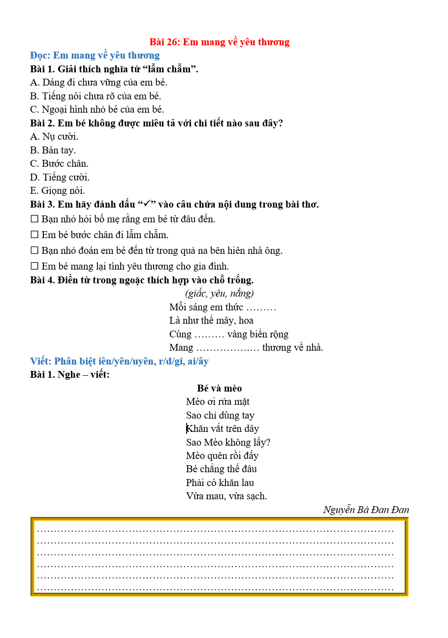 Bài tập hàng ngày Tiếng Việt lớp 2 Bài 26: Em mang về yêu thương | Kết nối tri thức