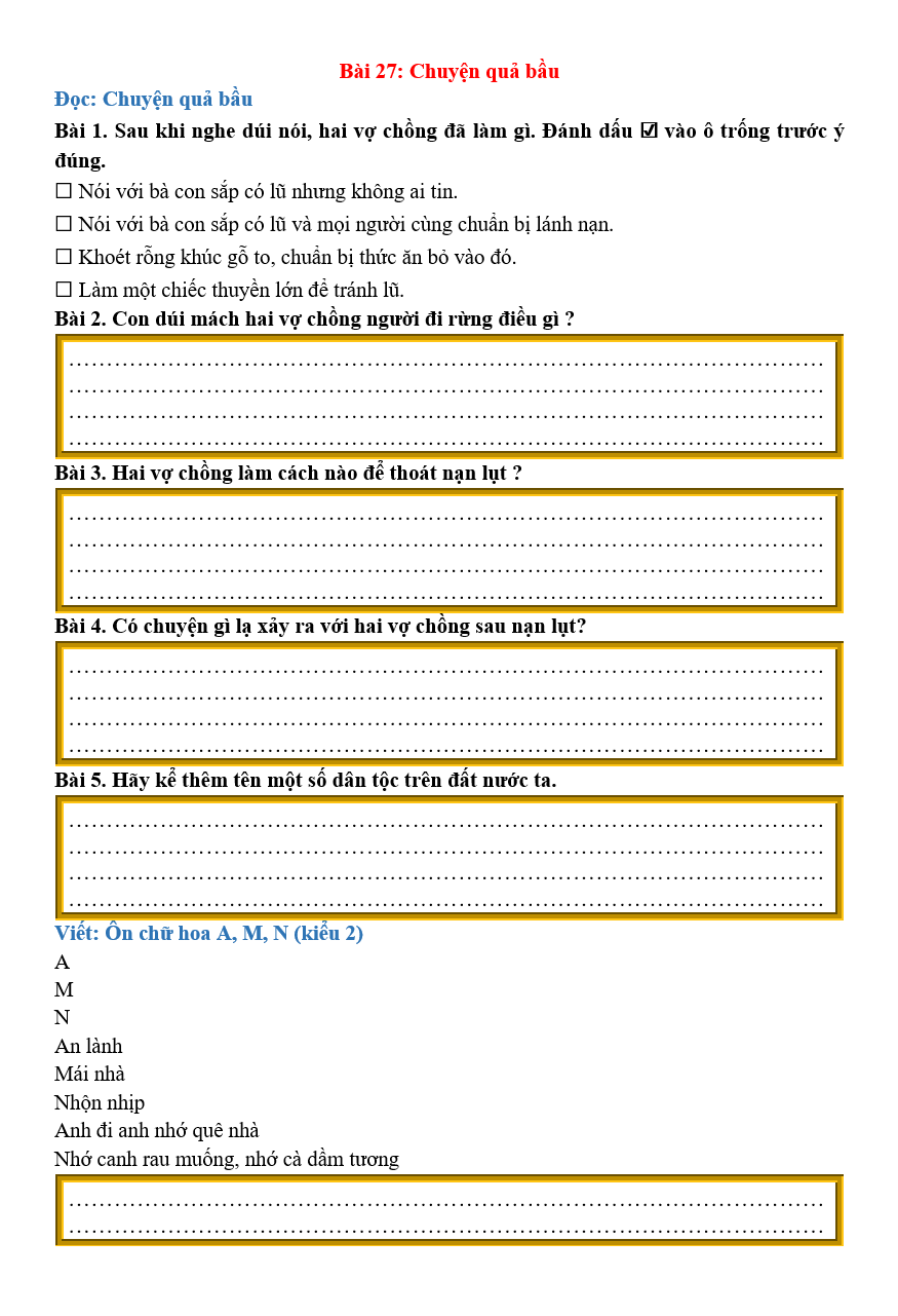 Bài tập hàng ngày Tiếng Việt lớp 2 Bài 27: Chuyện quả bầu | Kết nối tri thức