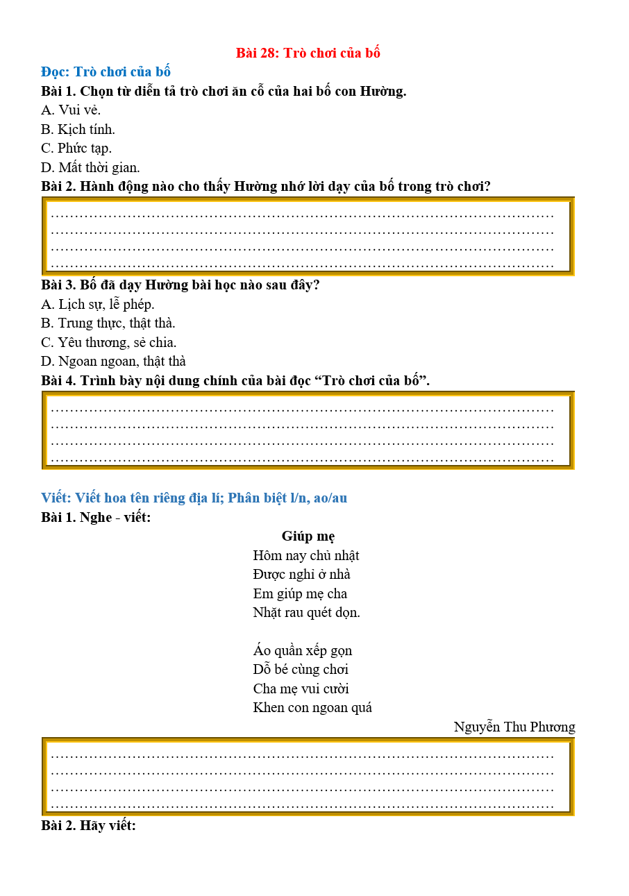 Bài tập hàng ngày Tiếng Việt lớp 2 Bài 28: Trò chơi của bố | Kết nối tri thức