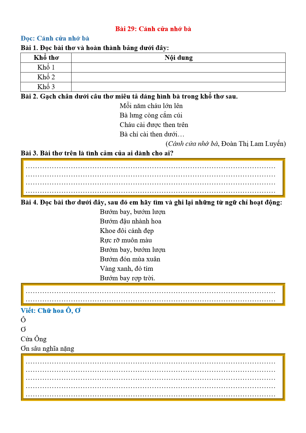 Bài tập hàng ngày Tiếng Việt lớp 2 Bài 29: Cánh cửa nhớ bà | Kết nối tri thức