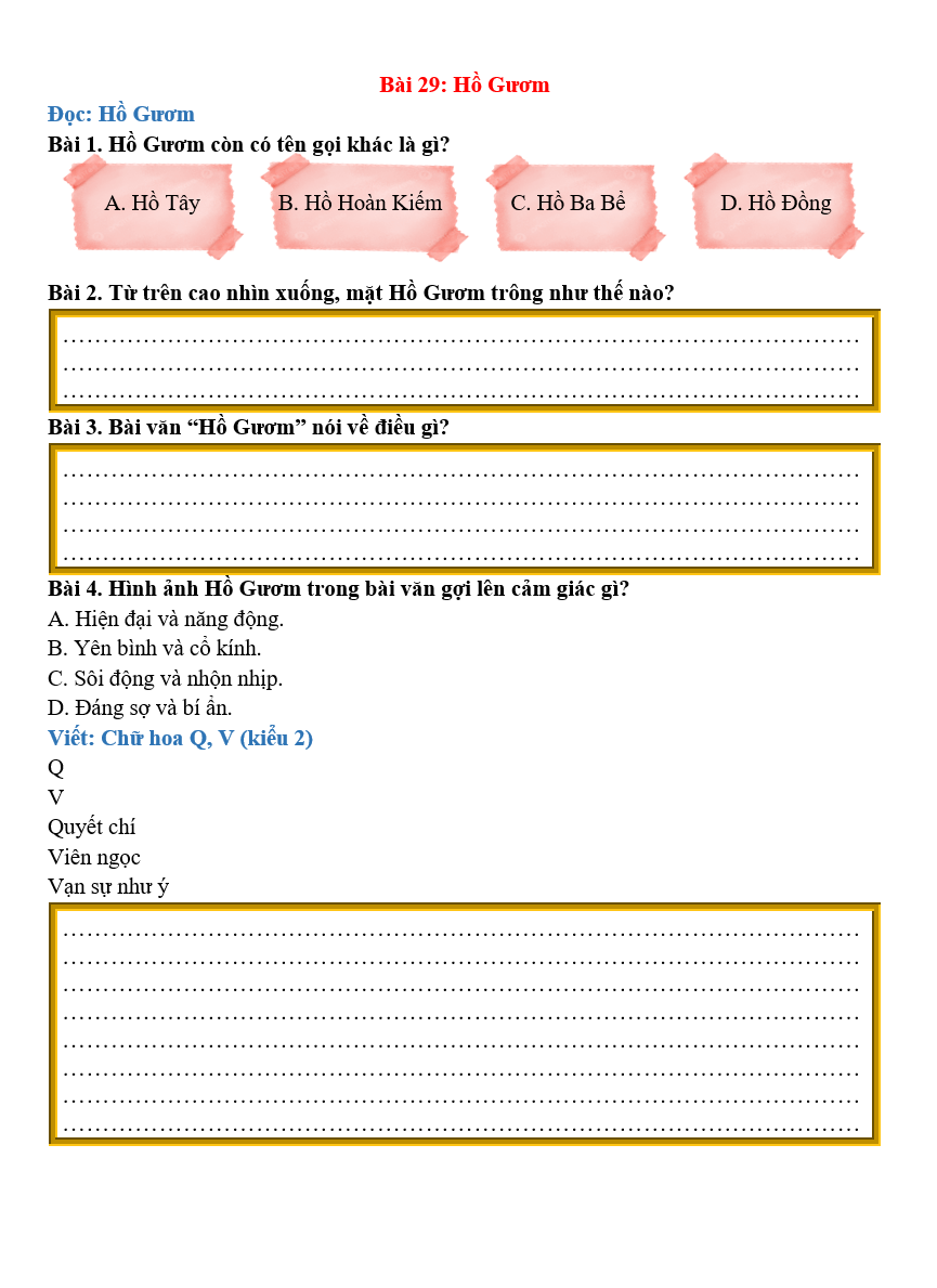 Bài tập hàng ngày Tiếng Việt lớp 2 Bài 29: Hồ Gươm | Kết nối tri thức