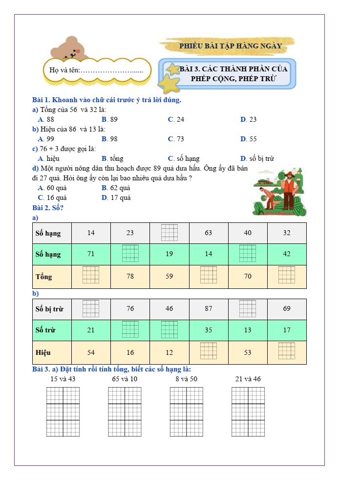 Bài tập hàng ngày Toán lớp 2 Bài 3: Các thành phần của phép cộng, phép trừ | Kết nối tri thức