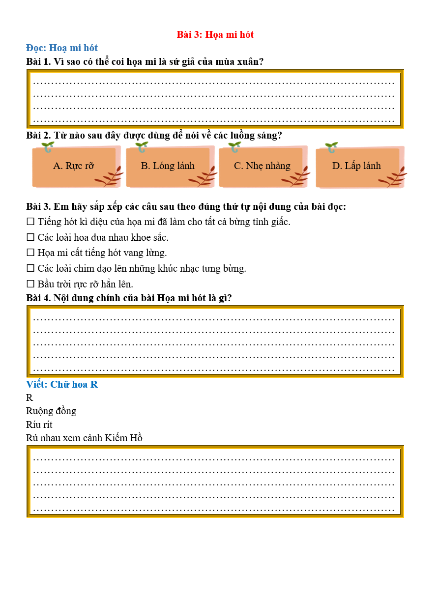 Bài tập hàng ngày Tiếng Việt lớp 2 Bài 3: Họa mi hót | Kết nối tri thức