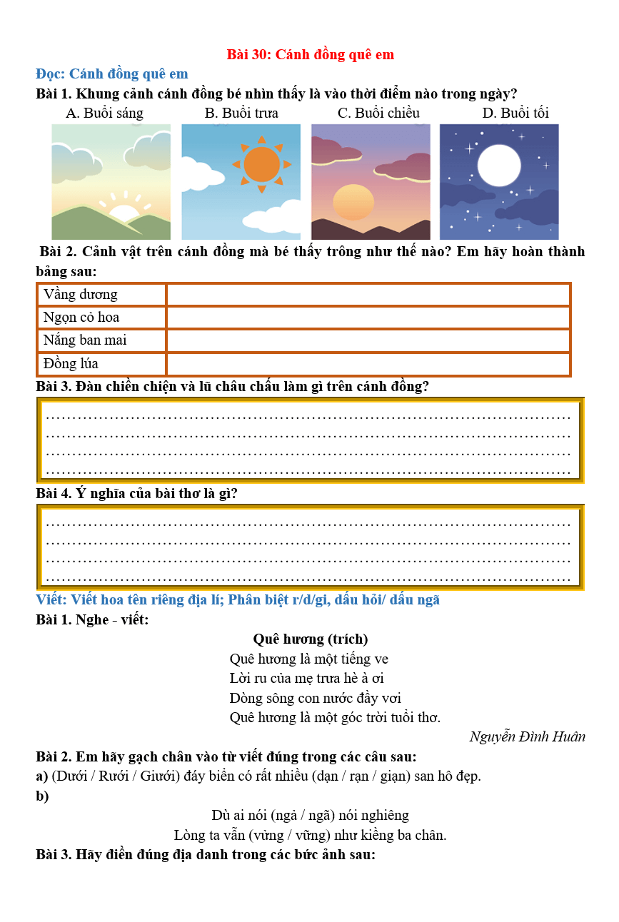 Bài tập hàng ngày Tiếng Việt lớp 2 Bài 30: Cánh đồng quê em | Kết nối tri thức