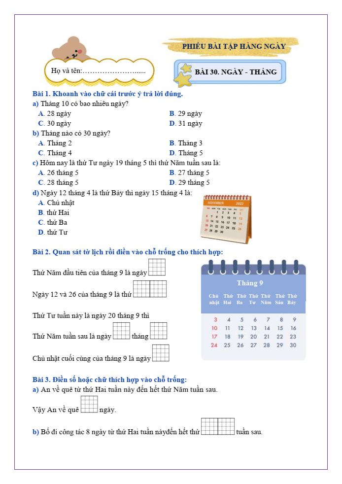 Bài tập hàng ngày Toán lớp 2 Bài 30: Ngày – tháng | Kết nối tri thức