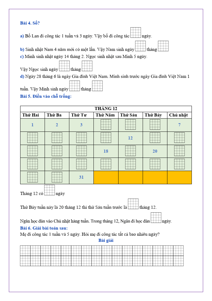 Bài tập hàng ngày Toán lớp 2 Bài 30: Ngày – tháng | Kết nối tri thức