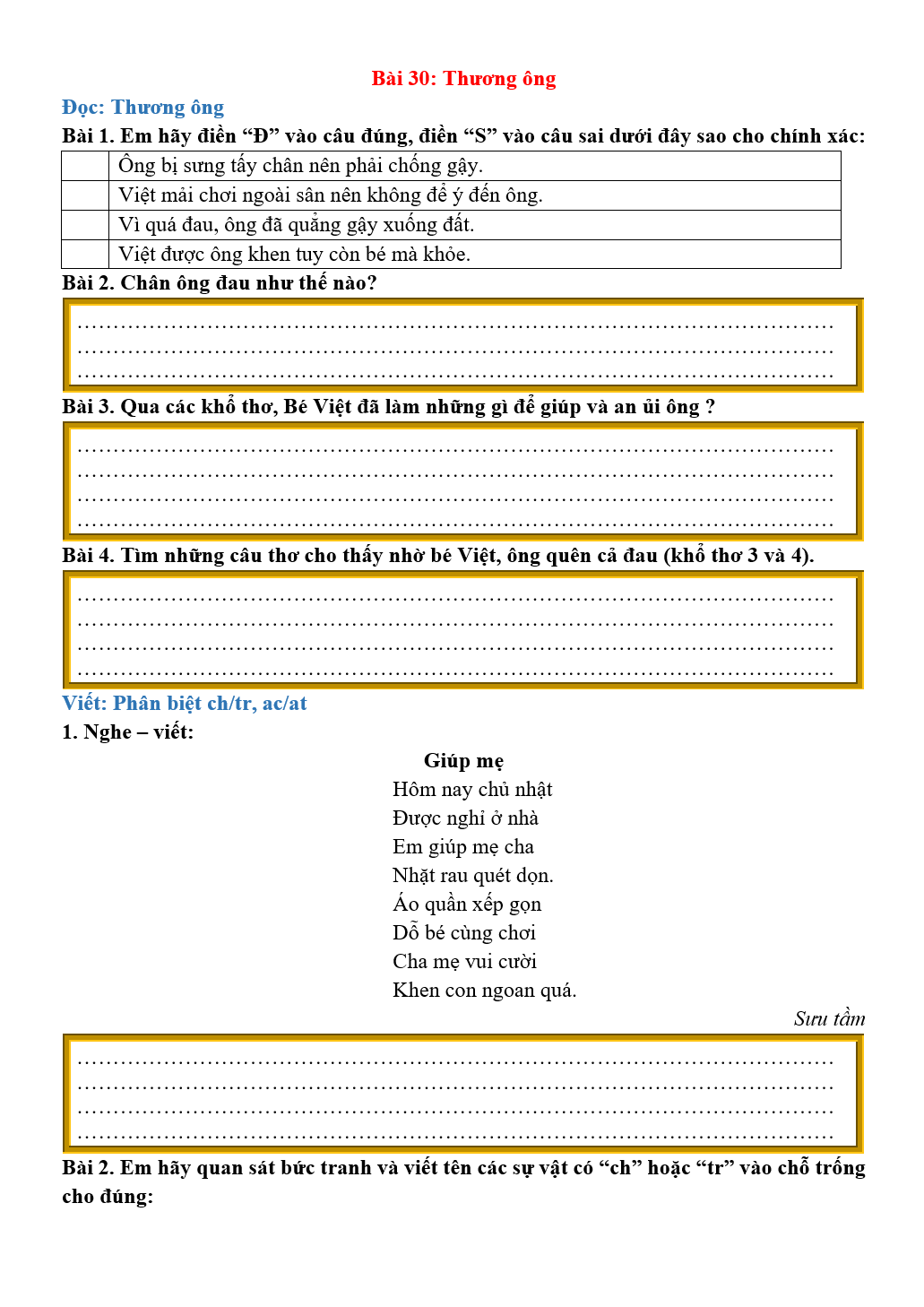 Bài tập hàng ngày Tiếng Việt lớp 2 Bài 30: Thương ông | Kết nối tri thức