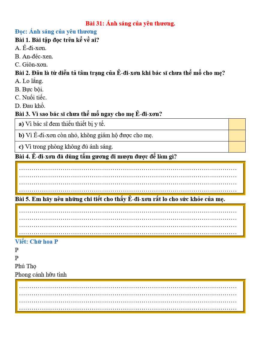 Bài tập hàng ngày Tiếng Việt lớp 2 Bài 31: Ánh sáng của yêu thương | Kết nối tri thức