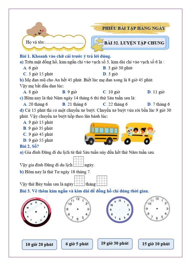 Bài tập hàng ngày Toán lớp 2 Bài 32: Luyện tập chung | Kết nối tri thức