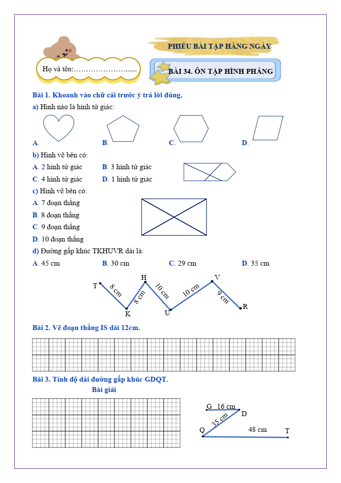Bài tập hàng ngày Toán lớp 2 Bài 34: Ôn tập hình phẳng | Kết nối tri thức