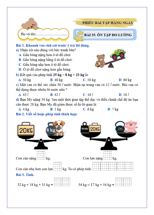 Bài tập hàng ngày Toán lớp 2 Bài 35: Ôn tập đo lường | Kết nối tri thức